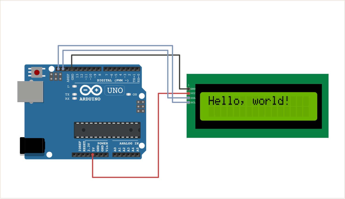 Схема подключения дисплея LCD 1602 с переходником I2C к Arduino UNO: GND к GND, VCC к 5 В, SDA к SDA (A4), SCL к SCL (A5)