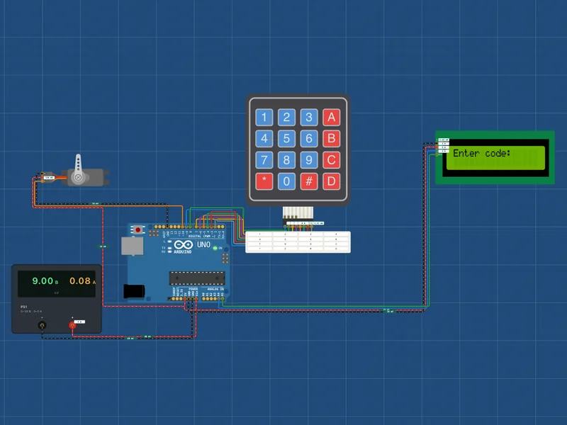 Кодовый замок в симуляторе Arduino: клавиатура 4×4, LCD и серво