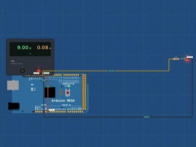 Arduino Mega 2560 в симуляторе: светодиод на выводе 9
