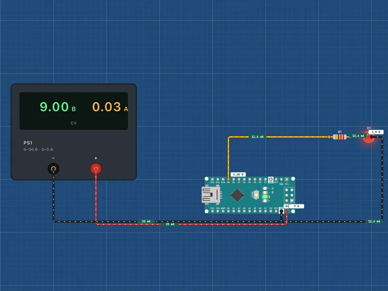 Arduino Nano в симуляторе: светодиод на D9