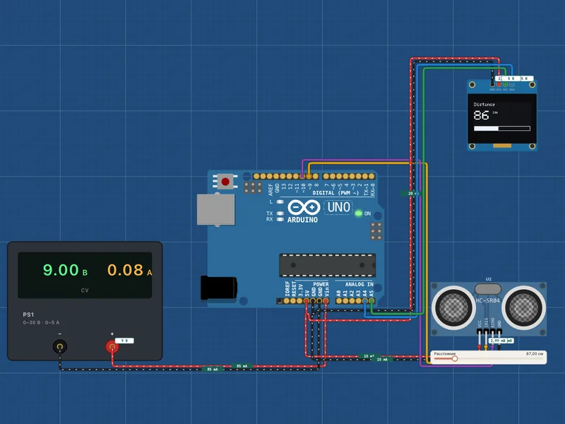 Дальномер в симуляторе Arduino: HC-SR04 и OLED SSD1306