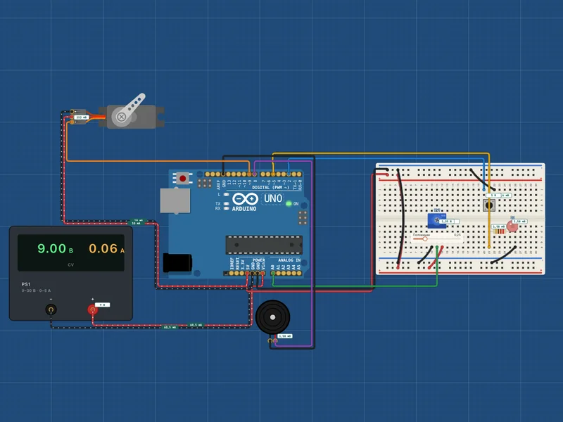 Arduino UNO в симуляторе: кнопка, потенциометр, серво, зуммер